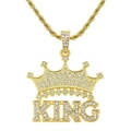 Hip hop gold KING crown pendant necklace with micro paved rhinestones and twist chain - Gold (0.3x60cm)