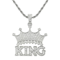 Macro detail of silver king crown pendant featuring full sparkling zircon pave and rope chain - Silver (0.3x60cm)