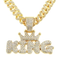 Hip hop gold KING pendant necklace with crown design and iced-out Cuban link chain - Crown KING Letter with Cuban Chain / Gold