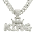 Macro shot of iced out silver KING crown pendant with shimmering cubic zirconia stones - Crown KING Letter with Cuban Chain / Silver