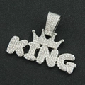 Macro shot of iced out silver KING pendant with crown and shimmering cubic zirconia - Pendant Only (Without Chain) - Silver (Crown KING Letter) / Silver