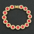 Hip hop gold bracelet for men featuring round red rubies surrounded by small diamonds - Gold Base Red Rhinestone Style / Gold-8inch