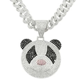 Close-up of hip hop cuban link chain and full rhinestone panda pendant jewelry - Silver Panda Style With Cuban Chain