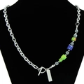 Asymmetric silver chain necklace with colored cube beads, gray pearls and OT clasp toggle - Necklace