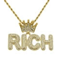Hip-Hop Goldkette mit Rich-Kronen-Anhänger und Strasssteinen an einer groben Kordelkette - Gold