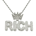 Detail der silbernen Hip-Hop-Kette RICH mit Kristallen und gedrehter Seilkette - Silber