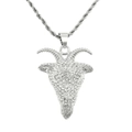 Detailed view of hip hop goat head pendant with sparkling rhinestones and silver rope chain - Silver
