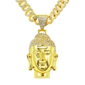 Pendentif tête de Bouddha doré hip hop avec cristaux sur chaîne cubaine glacée - Ensemble Collier Tête de Bouddha Doré (Avec Chaîne Cubaine 50cm)