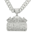 Dettaglio della collana hip hop argento con pendente Bank e catena cubana ghiacciata - Stile Lettera (Con Catena Cubana) / Argento