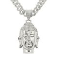 Détail du pendentif tête de bouddha argenté serti de strass avec une grosse chaîne cubaine - Ensemble Collier Tête de Bouddha Argenté (Avec Chaîne Cubaine 50cm)
