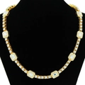 Hip hop gold necklace with rectangular iridescent crystals and round rhinestones on bust - 20 Inch / Gold Necklace