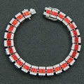 Hip-Hop Silberne Kubanische Kette mit roten Edelsteinen und Mikro-Pave-Diamantbesatz - Silber (Roter Strass)-8inch