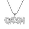 Macro view of dripping CASH pendant with iced-out crystals and silver rope chain - Stainless Steel Rope Chain / Silver (GASH)