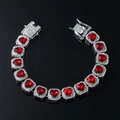 Bracelet hip-hop pour homme avec cœurs rouges en cristal et pavé de diamants brillants - 8 pouces / Argent (Strass Rouge)