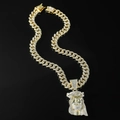Gouden Cubaanse schakelketting met Jesus hanger en fonkelende witte strasstenen - Jezus Hoofd Ketting met 50cm Schakelketting / Goud
