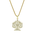 Collana con pendente Menorah dorata con strass scintillanti e catena a corda hip hop - Ciondolo Menorah / Oro