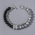 Punk-Armband für Herren mit schwarzen matten Perlen und silberner Gliederkette zweilagig - Doppelter Layer Spleißstil (Perlenarmband)