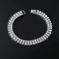 Bracciale da uomo con doppia fila di strass e chiusura in metallo su base a specchio nero - Bracciale / Argento (Doppia Fila) - 8 inch