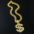 Collana cubana dorata hip-hop con grande ciondolo a segno del dollaro con cristalli - Collana Simbolo del Dollaro Oro con Catena Cubana da 50cm (Stile 5525) / Oro