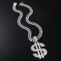 Collana hip-hop cubana d'argento con ciondolo segno del dollaro su sfondo nero puro - Collana Simbolo del Dollaro Argento con Catena Cubana da 50cm (Stile 5525) / Argento