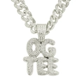 Chaîne cubaine argent hip hop avec un grand pendentif lettre OG TEE serti de cristaux - Ensemble Pendentif Lettre Argent et Chaîne Gourmette / Avec Chaîne Cubaine 50cm
