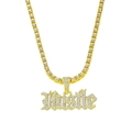 Collana tennis dorata con ciondolo a lettere HUSTLE tempestato di cristalli gotici - Pendente Lettera Hustle Catena Tennis / Oro