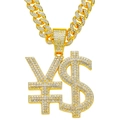 Iced Out Goldene Cuban-Kette mit Diamant-Währungssymbol-Anhänger im Hip-Hop-Stil - Gold - Währungssymbol (Mit 50cm Panzerkette)