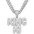 Iced out King Ki pendant necklace with Cuban chain and cubic zirconia in hip hop style - With Cuban Chain / Silver