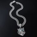Collana hip hop con ciondolo testa di tigre d'argento e occhi verdi su catena - Testa di Leone Argentata Con Catena Cubana