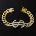 Iced out gold cuban link bracelet with sparkling dollar sign pendant for men - Bracelet / Gold