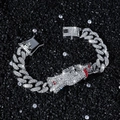 Men's hip hop silver Cuban link bracelet with full diamonds and red crystal center - Silver