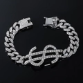 Men's hip hop silver Cuban link bracelet with iced-out dollar sign pendant - Bracelet / Silver