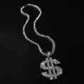 Hip-Hop-Silber-Tenniskette mit eisgekühlten Kristallen besetztem Dollar-Anhänger - Silber (Dollarzeichen) - Mit 50cm Einreihiger Strasskette