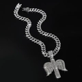 Hip hop silver angel wing cross pendant necklace with rhinestones on cuban link chain - Silver (Cross) - With 50cm Cuban Link Chain