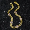 Collana uomo 10mm a catena cubana oro con cuori rosa e zirconi incastonati - Oro-Collana (45cm)