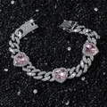 Bracciale cubano hiphop in argento con gemme a cuore rosa ghiacciate su sfondo nero - Argento-Bracciale (20cm)