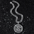 Silver iced-out Cuban link chain with a rotating dollar sign pendant on black sand - Necklace Set (50cm Cuban Chain) / Silver (Dollar)