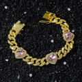 Bracciale Cuban link 10mm dorato stile Hip Hop con cristalli e pietre rosa a cuore - Bracciale Oro (20cm)