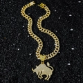Collier hip-hop pendentif taureau doré serti de zircons brillants sur chaîne cubaine - Ensemble Collier Pendentif Taureau / Doré