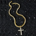 Hip-Hop Tennis-Kette in Gold mit eisbedecktem Kreuzanhänger für Damen und Herren - 4mm Breit 50cm Lang / Goldenes Kreuz mit Tenniskette