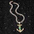 Collana hip hop con ciondolo ancora San Giuda placcata in oro e smalto verde su pietre nere - Oro (Con Collana Ancora)