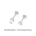Macro detail of 925 sterling silver screw back stud earring with 3mm 4-claw zircon - 3mm / 925 Silver