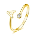 Dettaglio anello aperto dorato con lettera A e pietra di zirconia tonda lucida - Lettera A - Argento