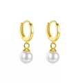 Elegantes pendientes de aro de plata S925 chapada en oro con perlas de concha blancas - 8mm Perla Artificial / Dorado