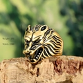 Golden stainless steel wolf head ring for men with vintage texture and detailed fur design - US 7 / Gold