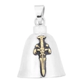 Detailed macro of vintage Viking bell pendant with gold sword on black textured background - Sword Bell Steel Color (HfJ1501)