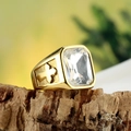 Men's titanium steel gold ring with large rectangle white crystal and cross relief - Gold White Zirconia