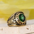 Detail of vintage gold-plated army ring with oval green gemstone and eagle relief - Gold Green Zirconia