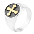 Anillo de sello para hombre en acero inoxidable con esmalte negro y cruz dorada - US 7 / Bicolor (Oro y Plata)