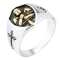 Vintage men's titanium steel signet ring featuring a golden knight and cross details - US 7 / Two-tone (Gold & Silver)